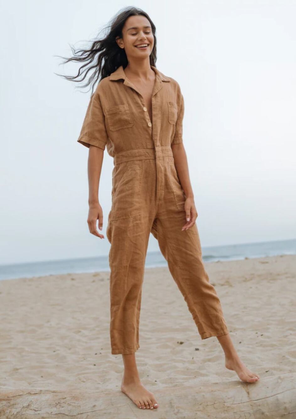 Mate the Label XS Tan Sedona Linen Jumpsuit